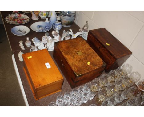 19th Century mahogany and rosewood cross banded tea caddy; a walnut and brass mounted writing box (interior missing) and a wa