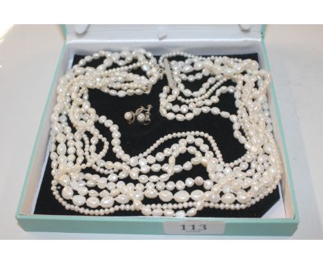 An eight strand freshwater pearl individually knotted necklace with Sterling silver clasp