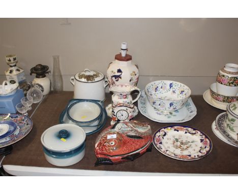 A Mason Ironstone "Mandalay" pattern wall clock; similar mantel clock; a Masons Ironstone "Fruit Basket" pattern jug a Mason'