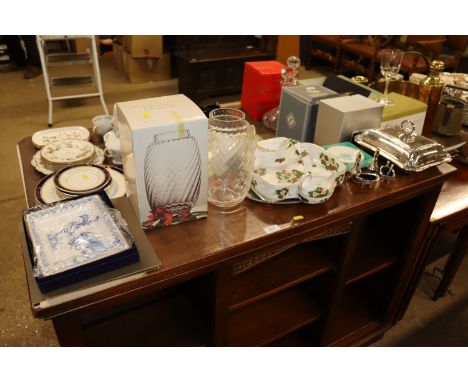 A silver plated entreé dish, cruet items, Dartington crystal flower vase, Royal Worcester boxed plated, prints, Strawberry di