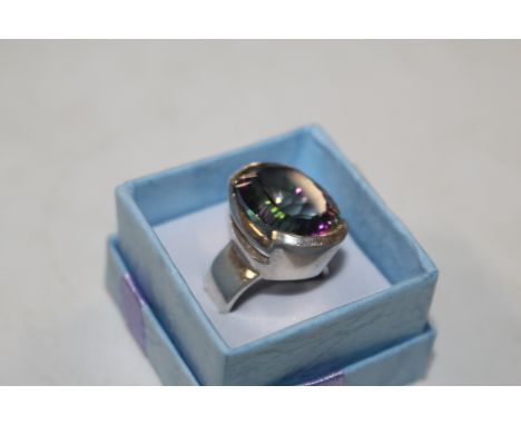 A large Sterling silver and mystique topaz dress ring, size M/N 