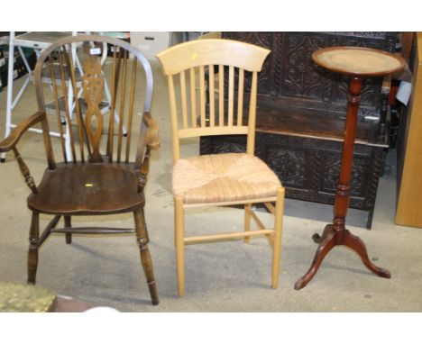 An elm seated stick and wheelback chair and side table 