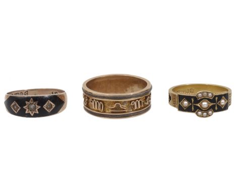 A Victorian 15ct enamel and seed pearl mourning ring and two other ringsthe mourning ring marked for Chester 1890, another 9c