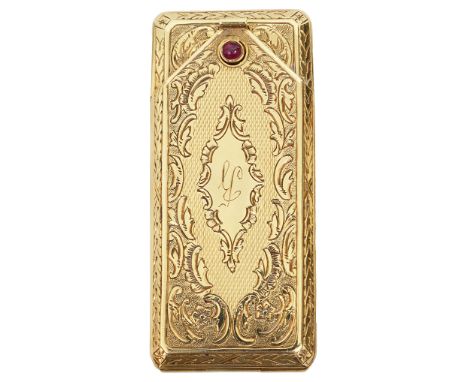 A lady's early 20th century Continental gold match case or luciferof bevel-edged rectangular hinged form, richly engraved wit