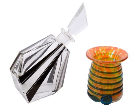 An Art Deco Bohemian glass and six matching liqueur glassin the manner of Karl Palda, decorated with geometric black enamel a