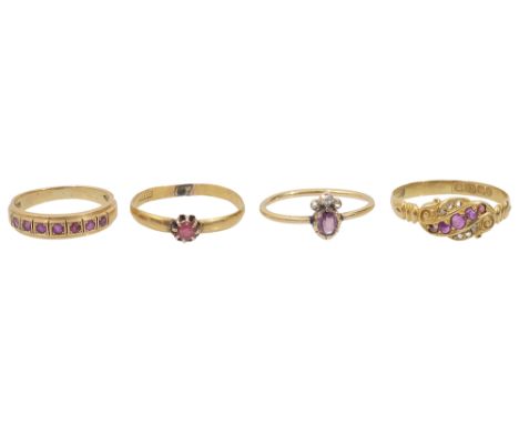 An early ruby and diamond coronet style ring and three other ruby set rings, the coronet style ring testing for gold, a singl