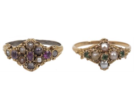 Two delicate Georgian gem and seed pearl cluster ringsone with locket back and set with emeralds and seed pearls, the other c