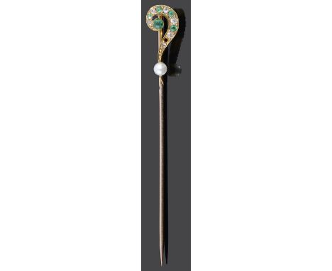 An Edwardian emerald and diamond set novelty question mark stick pin, set alternately with emeralds and diamonds and with pea