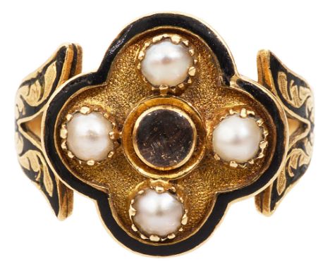 A Regency pearl, enamel and yellow gold mourning ring, the quatrefoil top with central circular glazed compartment containing