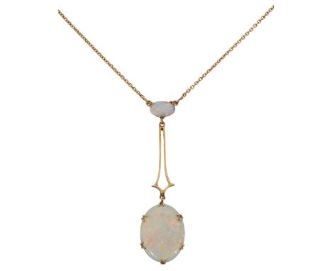 An Edwardian opal and yellow gold pendant on chainthe oval opal claw-set  drop suspended  from an articulated openwork sectio