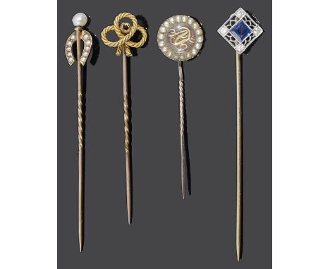 A Georgian memorial hair locket pin and three otherscomprising a small circular Georgian monogram hair locket stick pin, test