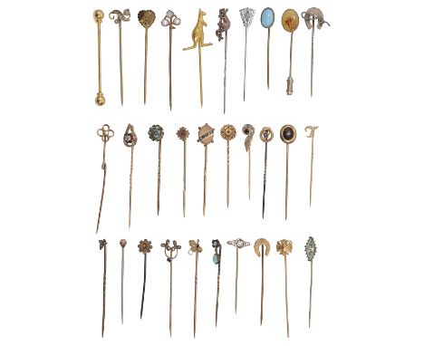 A collection of stick pins,  including a kangaroo, predominantly 9ct carat, and including four with diamond-set details (qty)