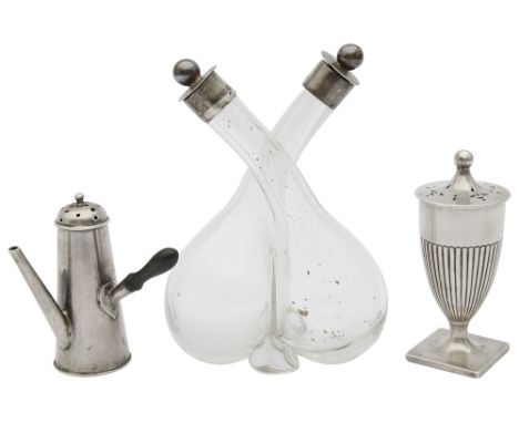 An Edwardian novelty silver pepper pot in the form of a cafe au lait pot, an urn shape pepper pot and a silver mounted glass 