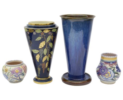 A 1930s Art Deco Carlton Ware Wisteria pattern vase, a Bourne Denby Daneby Ware vase and two Poole pottery vasesfirst shape 7