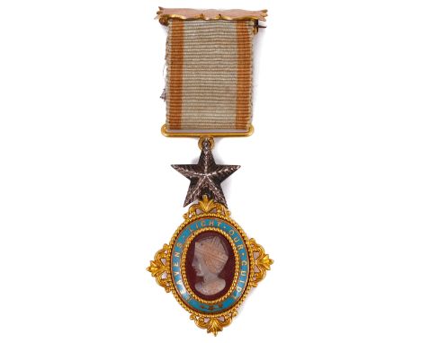 The Victorian Order of the Star of India miniatureVictorian gold and carved hardstone medal on ribbon, enamel detail, origina