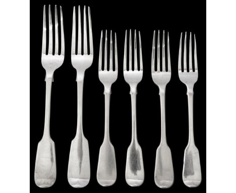 Two early Victorian silver fiddle pattern dinner forks and four matching dessert forksfirst London, 1850/51 by Charles Boyton