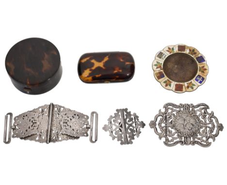 A George V circular tortoiseshell trinket pot, a Canadian silver and guilloche enamel souvenir ashtray and other itemsfirst w