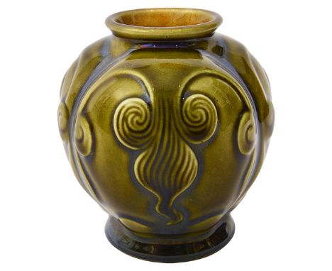 A small Linthorpe Pottery vase, designed by Dr. Christopher Dresser, late 19th century, of bulbous form, in green mustard col