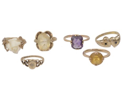 Six various gold mounted dress ringscomprising, 9ct gold mounted citrine ring, 9ct small diamond ring, a 9ct double heart rin