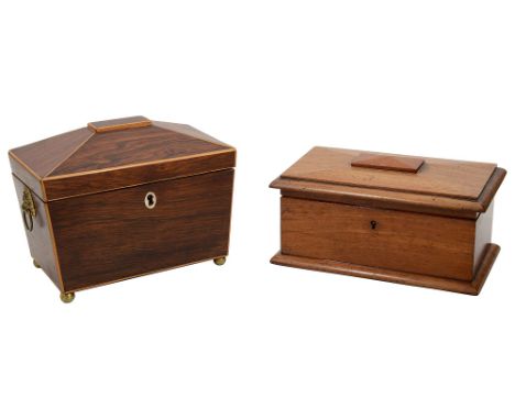 A Regency rosewood sarcophagus shaped tea caddy and Victorian mahogany jewellery boxfirst boxwood strung with twin gilt brass