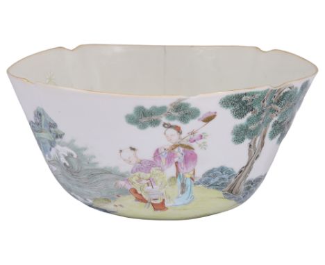 A 19th century Chinese famille rose lobed square bowlfinely decorated with immortals and figures amidst crashing waves with a