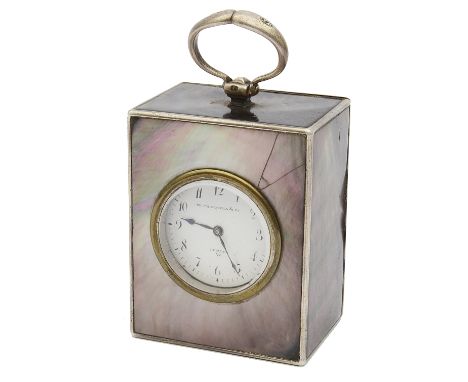 A Victorian miniature silver and abalone carriage timepiece signed W Thornhill & Co. with enamelled dial, Arabic numerals, bl