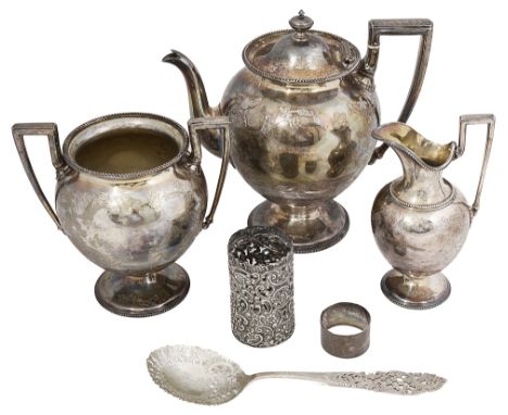 A Victorian electroplated three piece tea service and three silver itemsfirst by Martin Hall &amp; Co., of vase form engraved