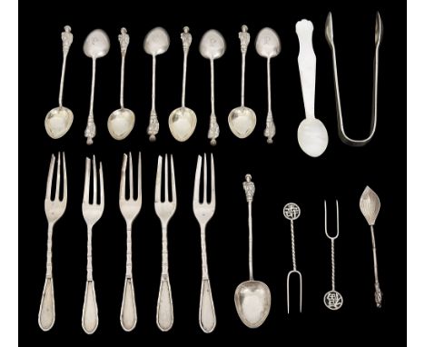 A set of eight Chinese export silver coffee spoons with figural terminals and a matching sugar spoon c.1900 and other silverf