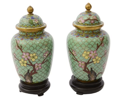A pair of Chinese cloisonnŽ enamel small vases and coversof squat ovoid tapering form with domed covers,  decorated with ruyi