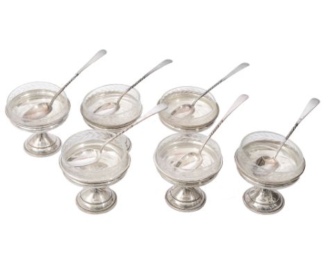 A set of American sterling silver sundae dishes with cut glass linersmarked Sterling, HGSCo, cement filledtypical plain desig