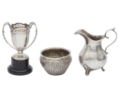 A Victorian silver milk jug, a twin handled trophy cup and a sugar bowlthe first London, 1842, makers mark for John James Kei