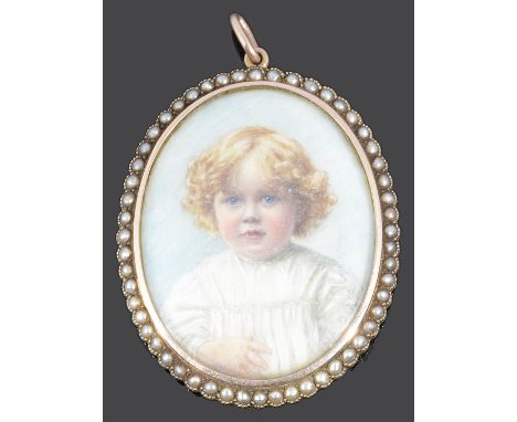 Edith Oliver, Edwardian portrait miniature of a child in gold and pearl set pendant locketthe hinged locket marked 9ct and wi