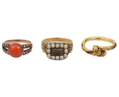 Three Georgian or early Victorian yellow gold rings:  the first with rectangular glazed plaque containing plaited hair within