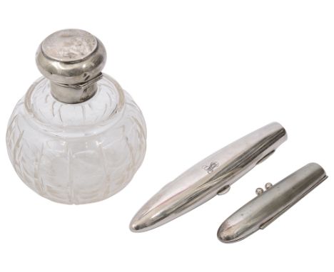 An Austrian .935 silver single cigar case and a silver topped cut glass scent bottlefirst, Vienna by Alexander Sturmof plain 