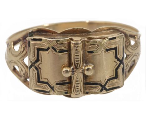 A Victorian opening memorial picture locket ringopening on twin hinges in the form of a scroll book, having black enamel deta