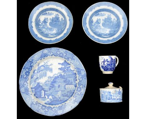 A first period Worcester coffee cup, various 19th century pieces of blue and white transfer decorated china and four copper l