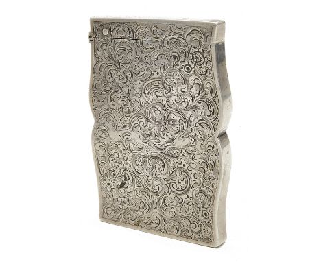 An early Victorian silver card caseunmarked, of waisted rectangular form with hinged cover, engraved with an intricate scroll