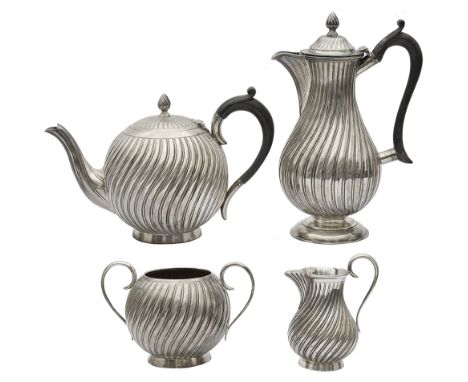 A Victorian silver four piece tea service London, 1884, makers mark for William Hutton &amp; Sons, comprising a teapot, coffe