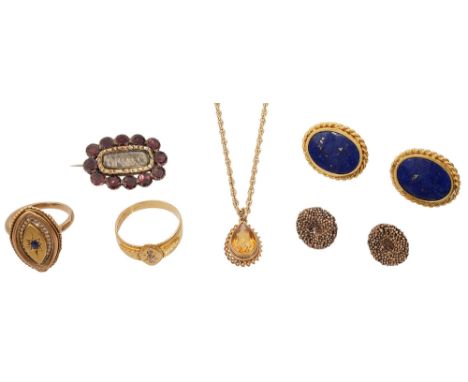 A collection of assorted items of jewellery: two yellow gold Victorian rings, one set with three old-cut diamonds, hallmarked