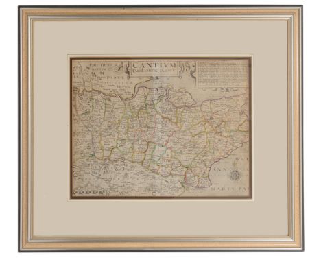 Kent. John Norden (c.1547-1625) Cantium Quod Nunc Kent, early 17th century, hand coloured copperplate engraving, map framed a
