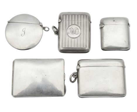 Four Edwardian silver vesta cases and a matchbook casefirst, Birmingham, 1903, makers mark partially struck ? .S, of plain ci