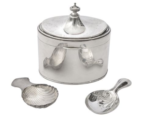 A George V silver tea caddy and two silver caddy spoonsfirst Birmingham, 1924 by John Collard Vickeryof plain oval form, the 