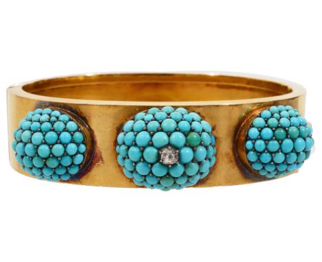 A mid Victorian yellow gold and turquoise hinged bangle, the top section applied with three graduated oval turquoise-set dome