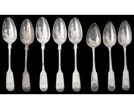 Three Scottish George III silver fiddle pattern teaspoons and five early Victorian silver teaspoonsfirst Edinburgh, 1812 by A