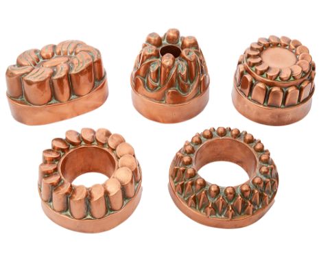 Three Victorian Benham &amp; Froud copper jelly moulds and two otherscomprising one of swirled turret from, numbered 448 X, a