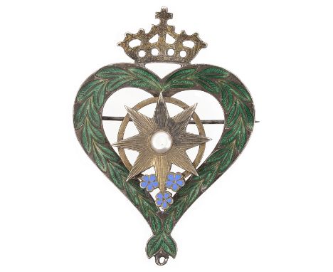 A Victorian 'Star of Snowdoun' enamel and pearl brooch, c. 1859,in the form of a crowned heart, decorated with enamel leaf mo