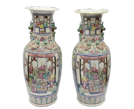 A pair of large late 19th century Chinese famille rose vasesof ovoid form with flared shaped rim, painted with court scenes o