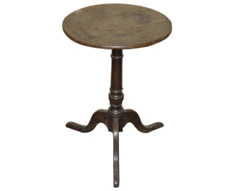 An early 19th century oak tripod wine table,with turned central column and three downswept legs terminating in pad feetheight