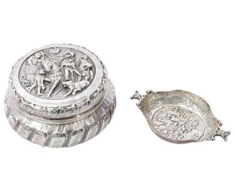 A late 19th century German Hanau silver tobacco box and small cast pin dishfirst pseudo Hanau marks possibly Neresheimer, and