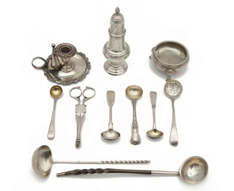 A collection of George II and later silver and plated items to include a George III silver caster, hallmarked London, 1773, m